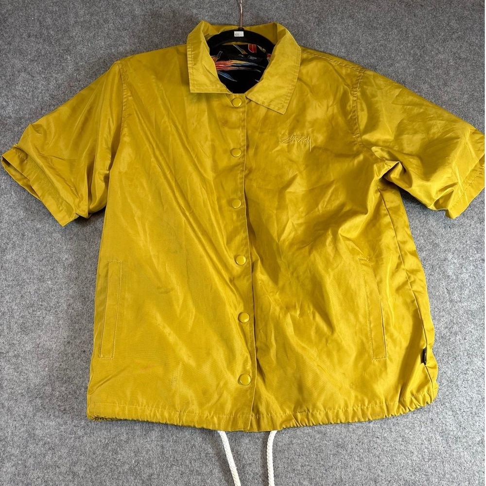 Stussy Neilson Coach Jacket Womens M Yellow Snap Front Floral VTG Short Sleeve